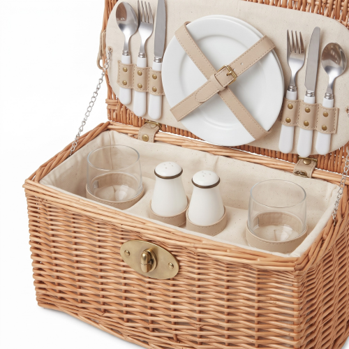 Cesta de Picnic con vajilla y cubiertos cerámica