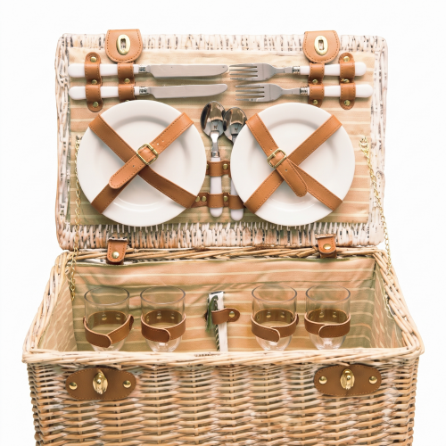 Cesta de Picnic de mimbre con servicio de platos, cubiertos y vasos