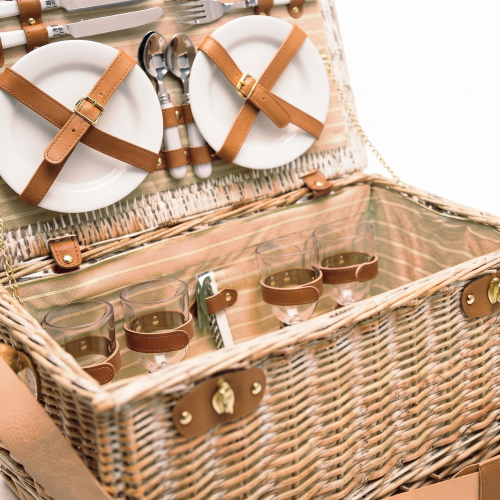 Cesta de Picnic de mimbre con servicio de platos, cubiertos y vasos