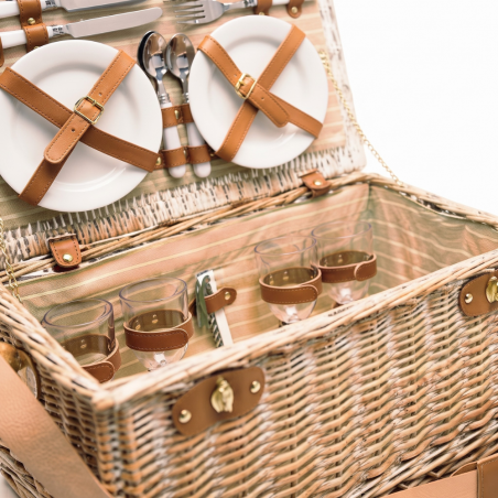 Cesta de Picnic de mimbre con servicio de platos, cubiertos y vasos