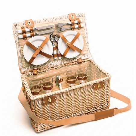Cesta de Picnic de mimbre con servicio de platos, cubiertos y vasos
